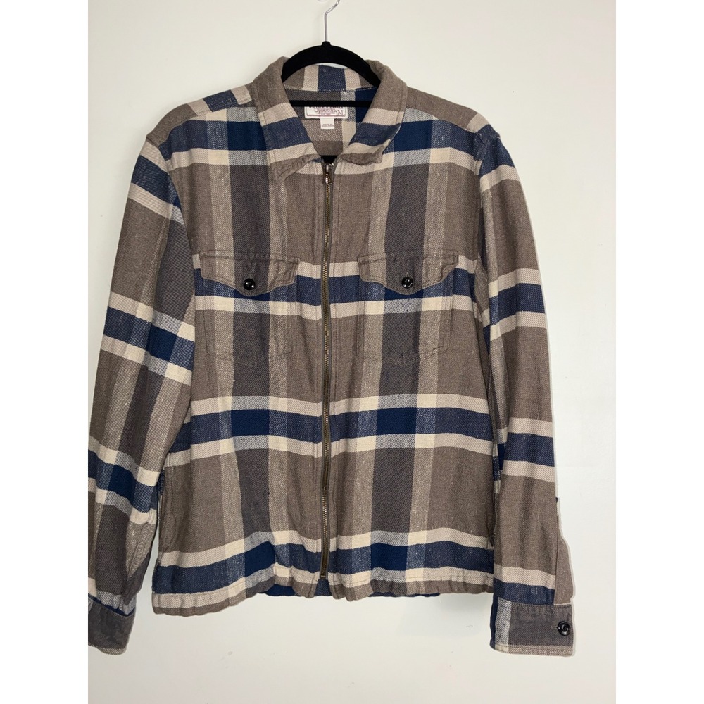 Wallace & Barnes Zip Flannel Jacket Mens M Brown Blue Plaid AU776 Cotton Shirt